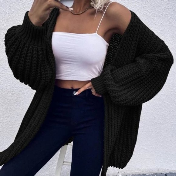 black Chunky Knit Open front comfy cozy sweater Cardigan - Picture 6 of 10
